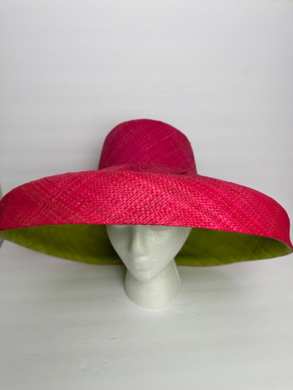 Hand Woven Madagascar Big Brim RAFFIA Sun Hat Pink & Neon Green Sz XL 23.5" - Picture 2 of 12